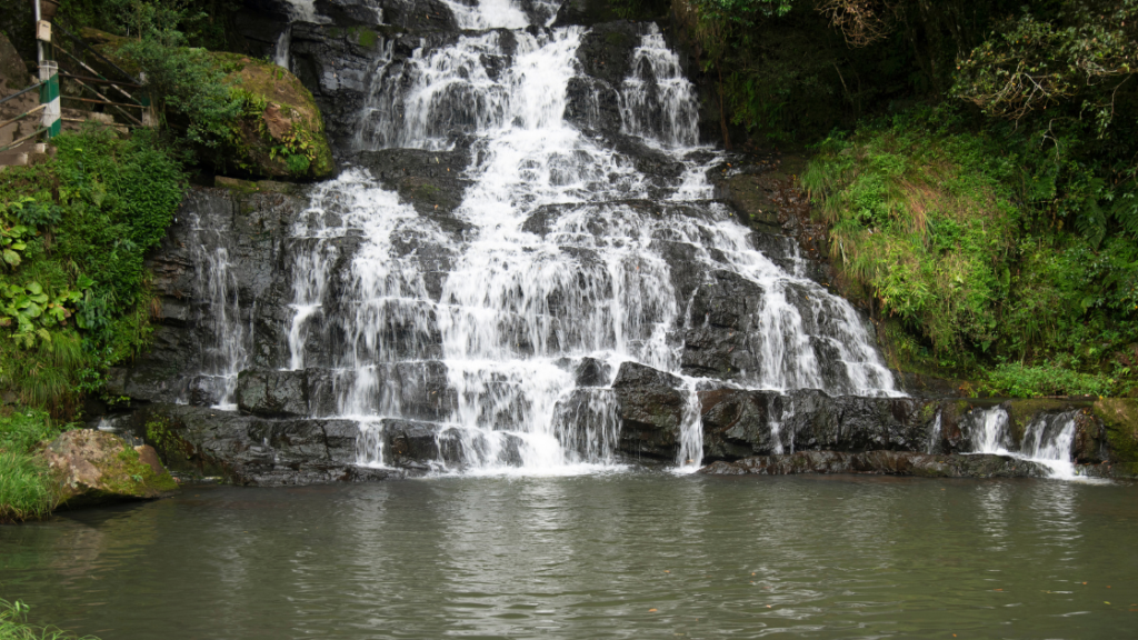A cascading waterfall flows over rocky ledges into a calm pool, surrounded by lush green vegetation.