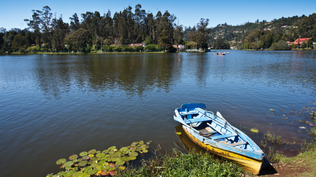 A yellow and blue wooden boat is moored on the edge of a calm lake with green lily pads, surrounded by a forested shoreline and distant hills under a clear blue sky.