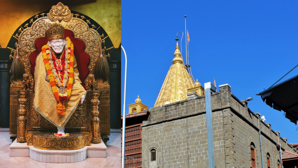 The image shows a golden statue of a seated figure adorned with garlands on the left and a temple with a golden dome against a clear blue sky on the right.